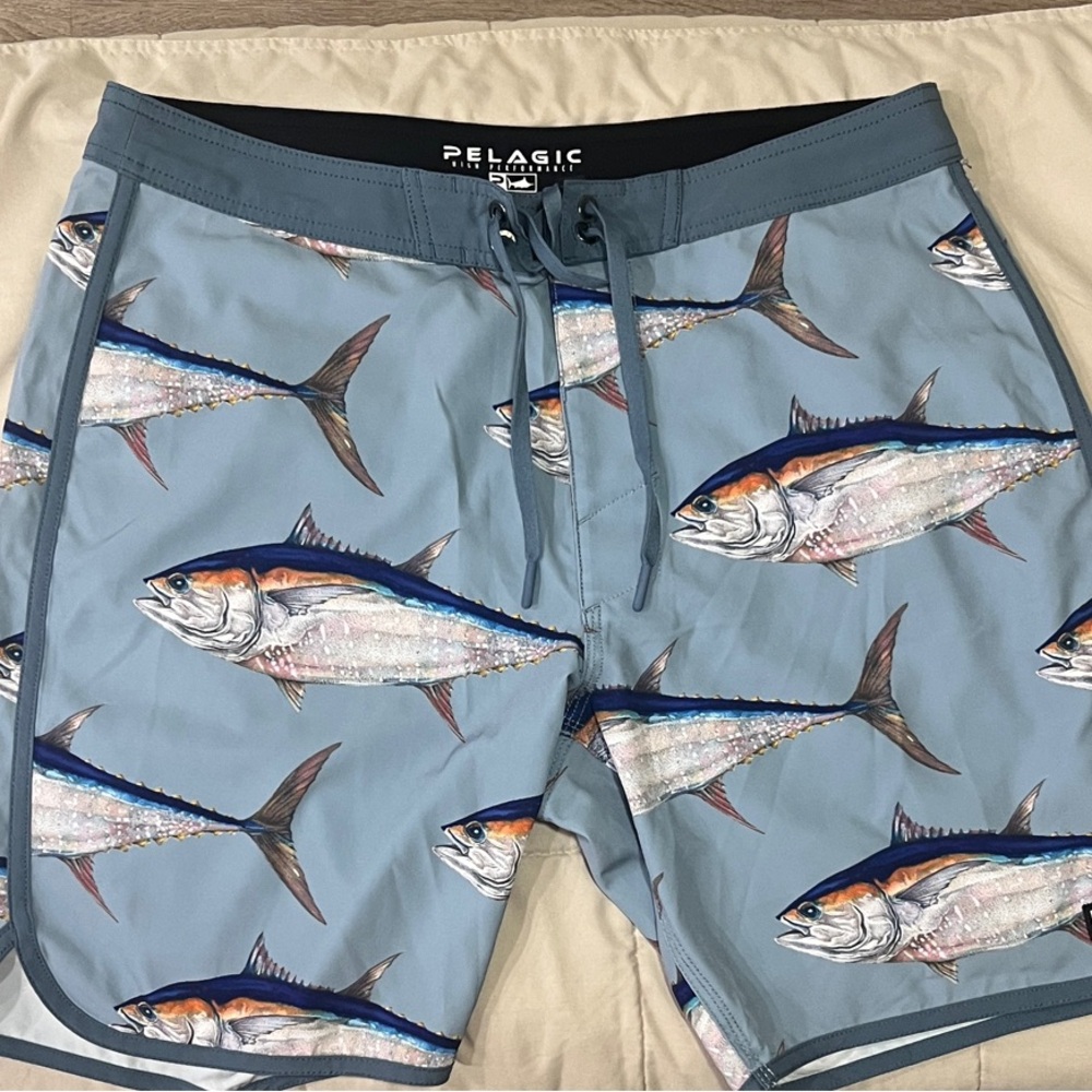 Pelagic Blue Fish Print Board Shorts